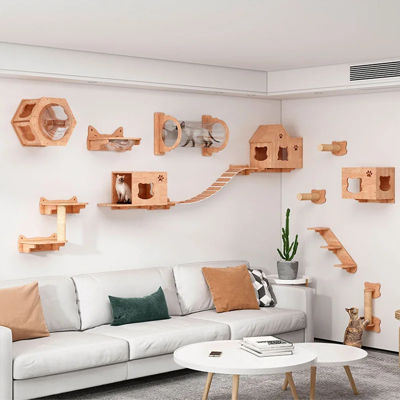 Cat Wall Climbing Shelves Hammock Wooden - Hamaca para gatos montada en la