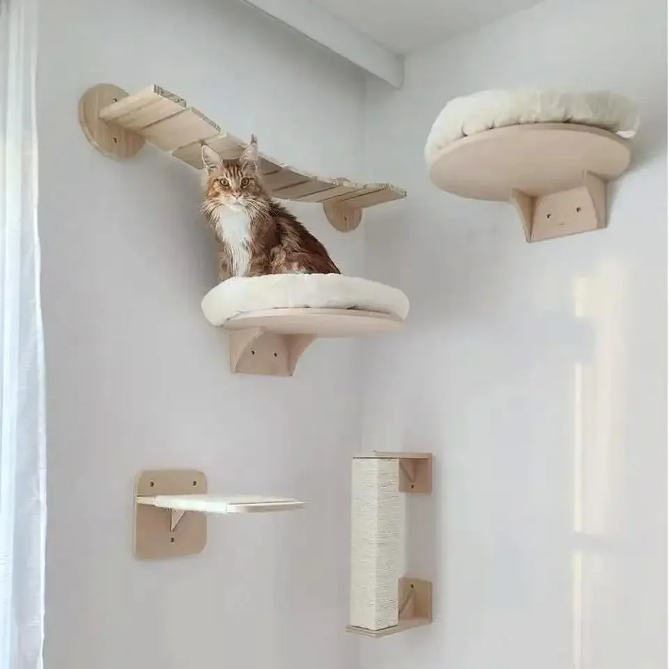 Cat Wall Climbing Shelves Hammock Wooden - Estantes de escalada para gatos montados