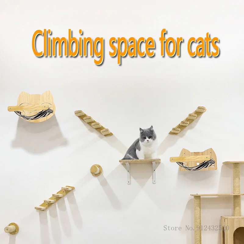 Cat Wall Climbing Shelves Hammock Wooden - Hamaca para gatos montada en la