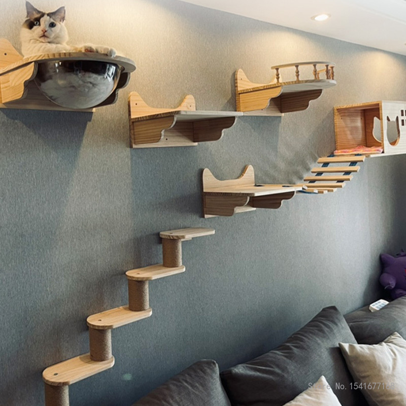 Hamaca para gatos montada en l - Cat Wall Climbing Shelves Hammock Wooden reseña y precio