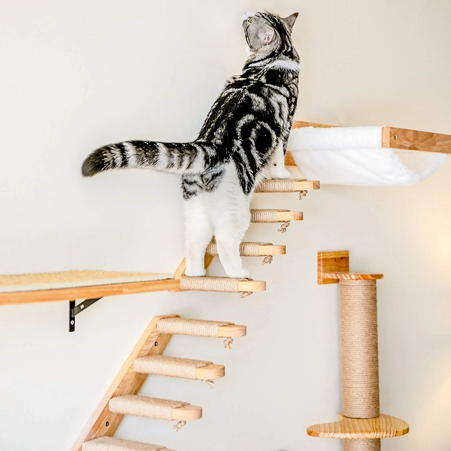 Hamaca para gatos montada en l - Cat Wall Climbing Shelves Hammock Wooden reseña y precio